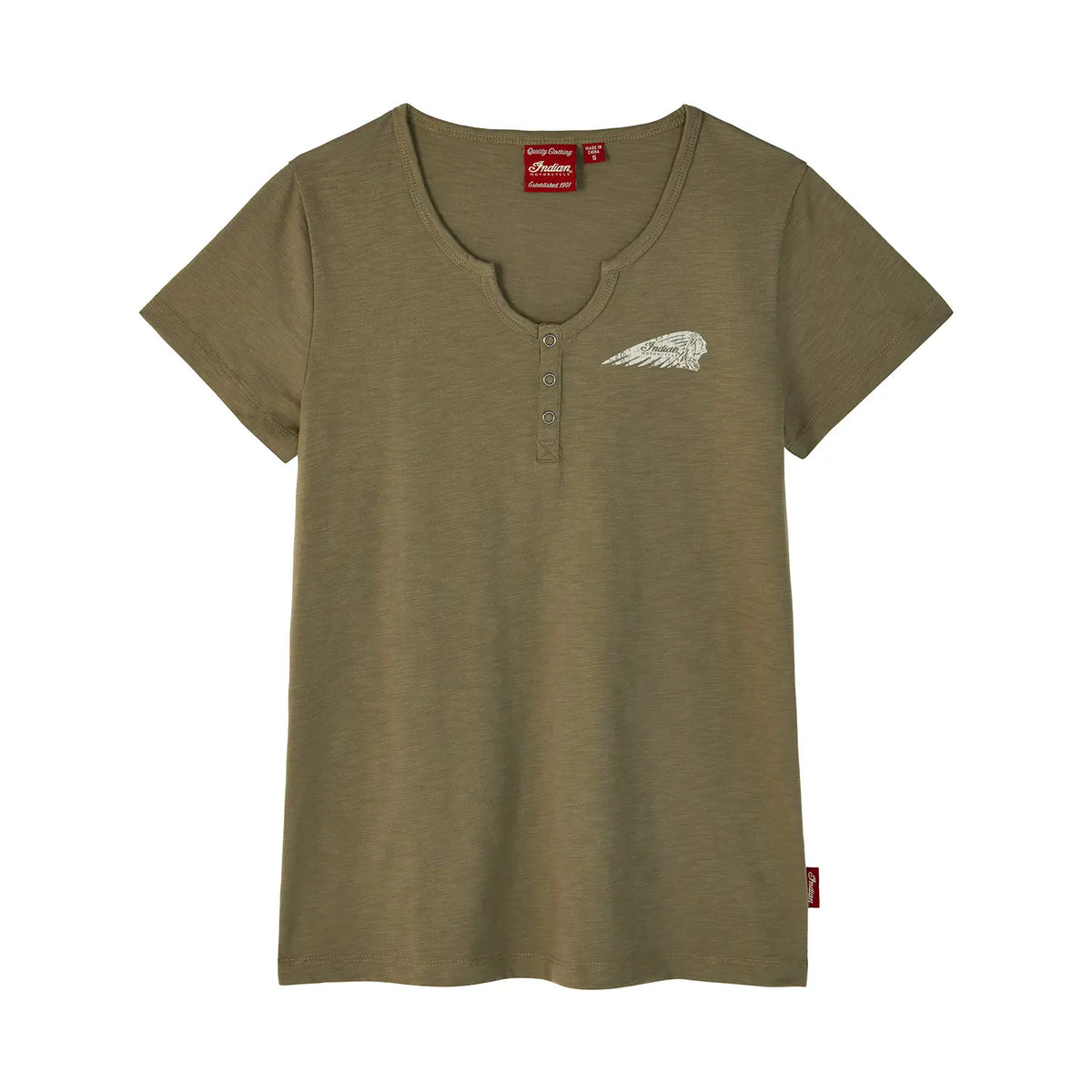 Indian Motorcycle Women's Spirit Lake IA Henley T-Shirt, Green — XS