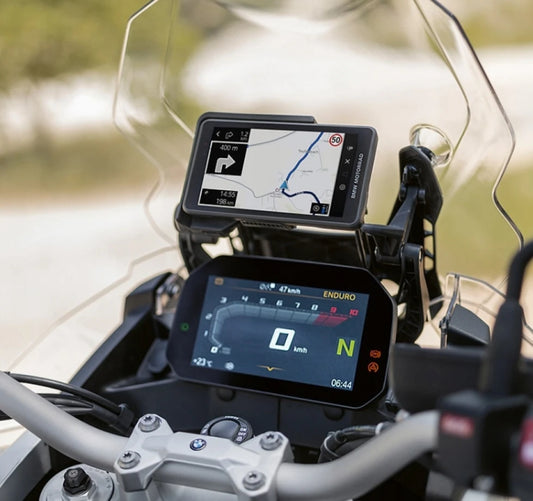 BMW ConnectedRide Navigator 77525B54BA8 installed above motorcycle dashboard; motorcycle and mounting equipment not included