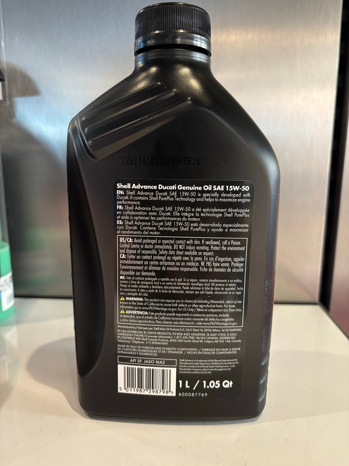 Actual Shell Ducati oil back label showing API SP, JASO MA2, 1 L / 1.05 Qt